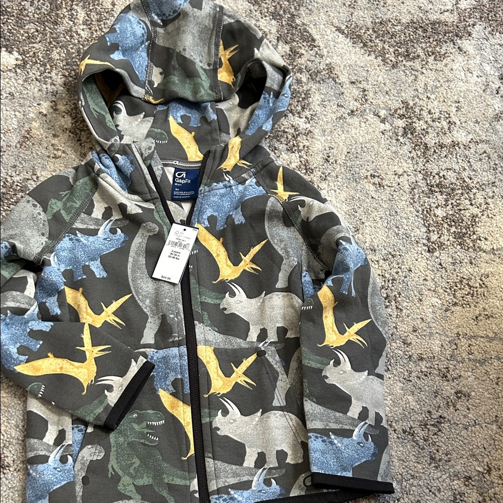 GAP Boys' Hooded Zip Jacket with Yellow, Blue, Green Dino Print